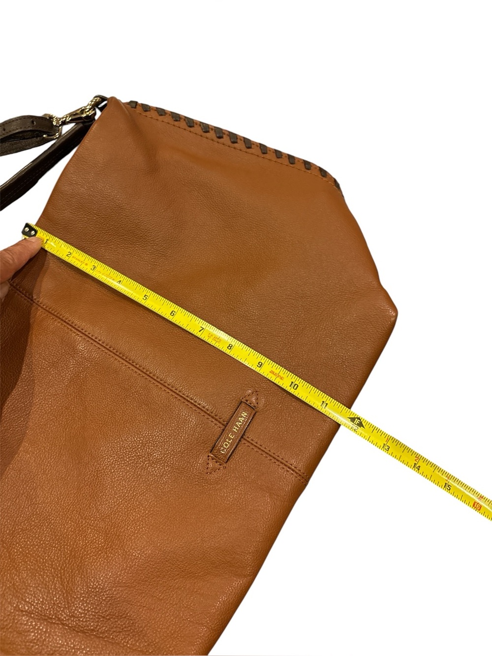 Cole Haan Tan Leather Hobo Shoulder Bag with dark brown stitching on sides - Picture 6 of 9